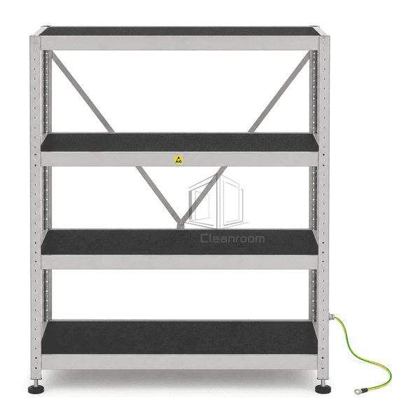 Front elevation of modular ESD storage rack showing adjustable shelves and grounding lead