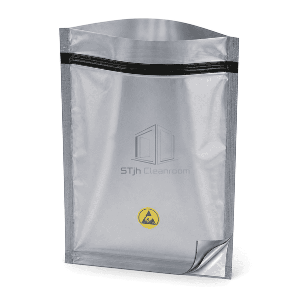 Complete ESD shielding bag view emphasizing zipper seam and multilayer edge structure