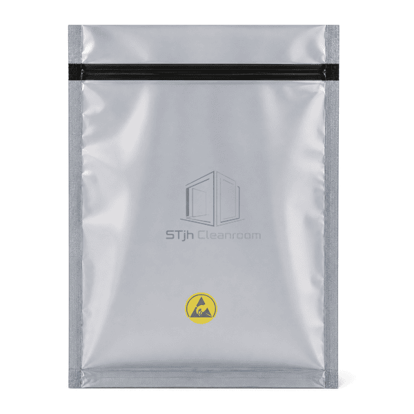 Front view of complete transparent silver ESD shielding pouch and zipper closure