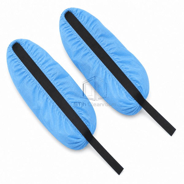 ESD shoe covers showing black conductive tape across the soles