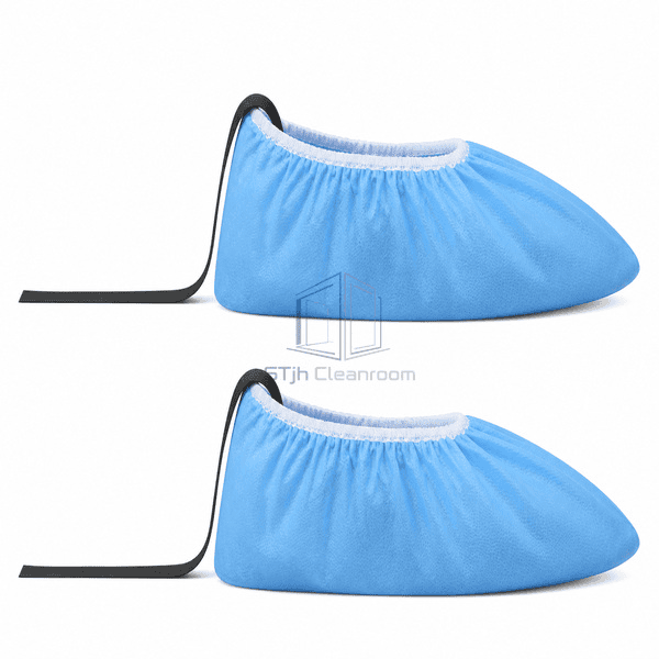 Blue conductive overshoes shown in side profile with grounding strips