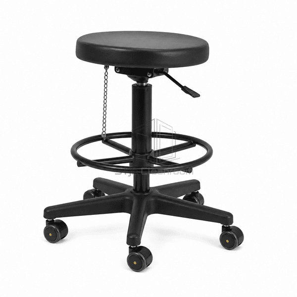 esd-stool-rear-base-view.jpg` — `Rear three-quarter view of ESD stool showing grounding chain and caster arrangement