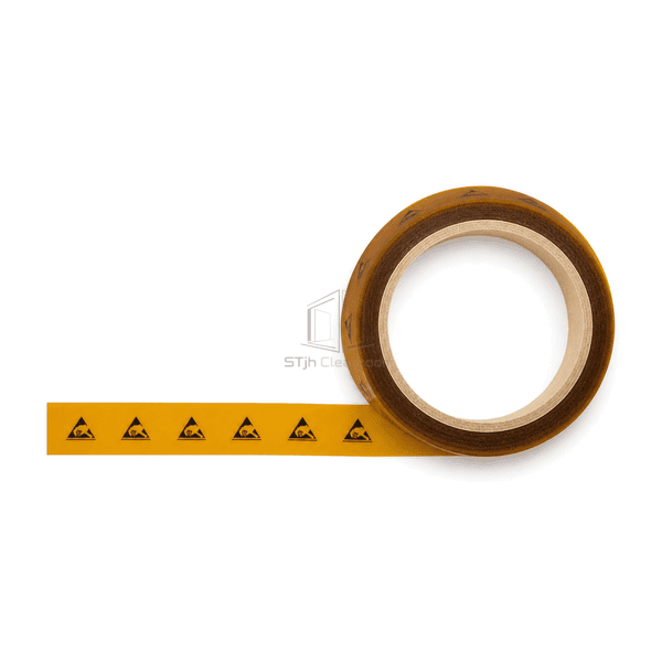 Horizontal overhead layout of amber ESD tape roll with full unwound strip