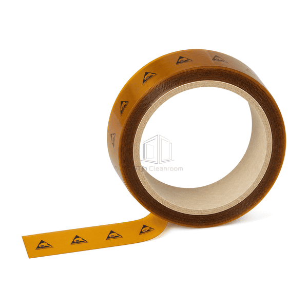 Front view of complete amber ESD tape roll showing core and printed low-charging backing