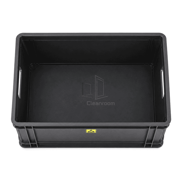 Top-down horizontal view of complete open ESD tote box and reinforced rectangular rim