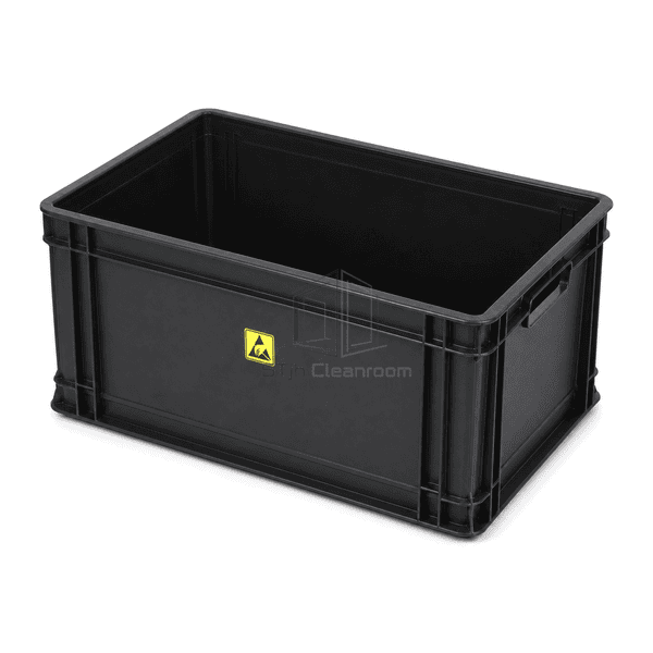Side view into conductive tote box showing full clean interior tapered walls and molded handle
