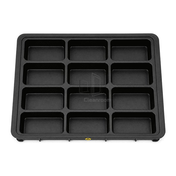 Top-down view of full ESD tray showing three-by-four component pocket layout