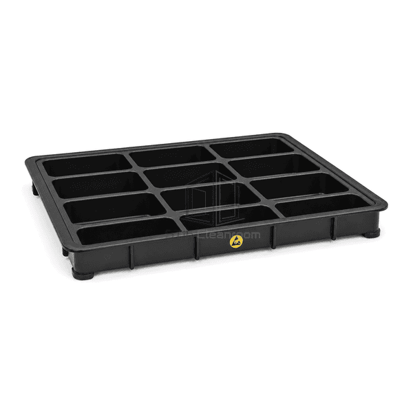 Structural view of complete ESD tray emphasizing stacking flange rounded pocket corner and registration foot