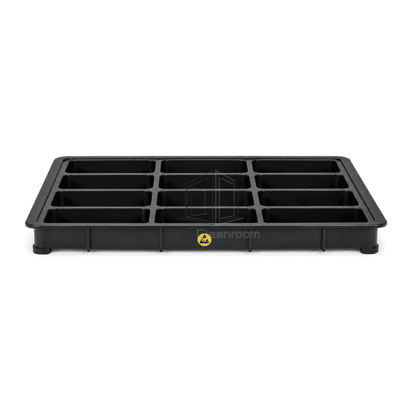Side view of complete conductive component tray showing molded cavity depth and stacking feet