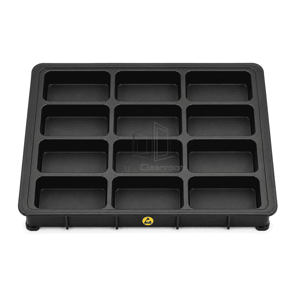 Front elevation of shallow ESD tray showing reinforced flange and pocket depth