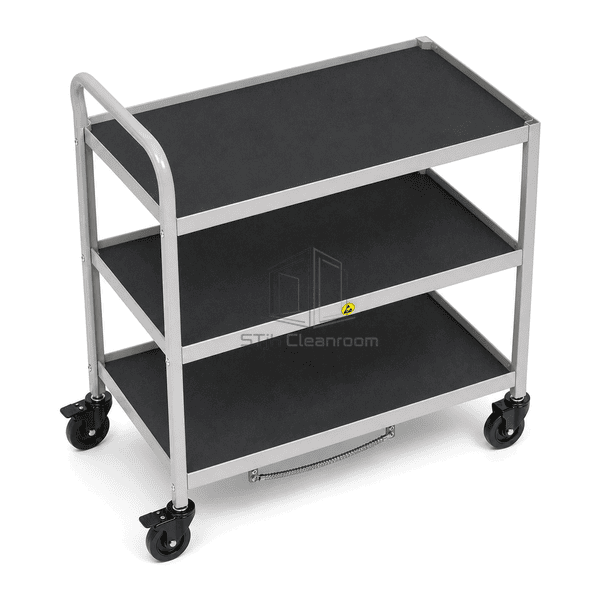Elevated horizontal view across complete ESD trolley showing three dissipative shelf surfaces