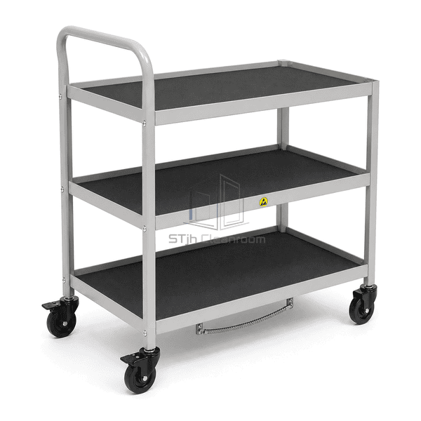 Complete trolley structural view emphasizing conductive braked castor and green-yellow bonding point