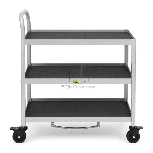 Side view of ESD trolley showing bonded frame shelf lips conductive castors and brakes