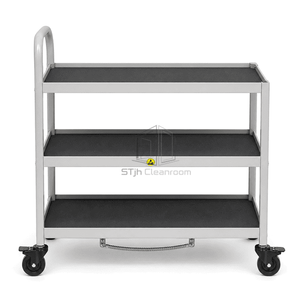 Front elevation of grounded ESD cart showing three shelves push handle and four wheels