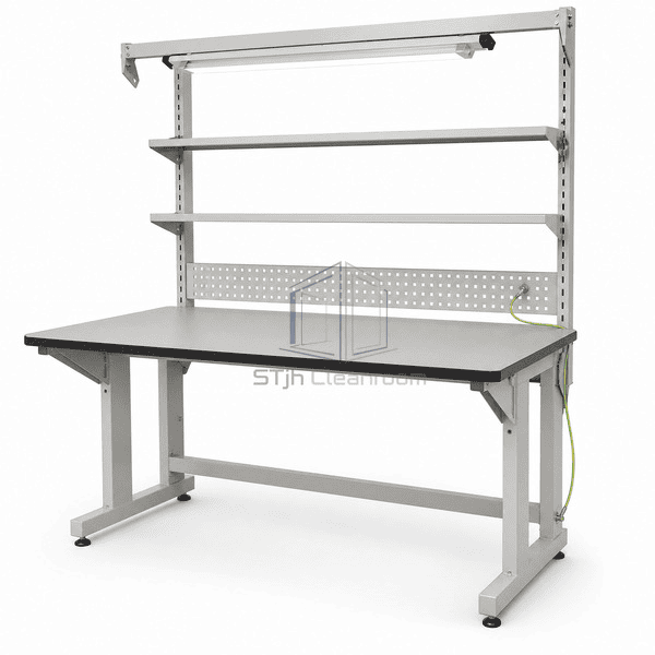 esd-workbench-elevated-worktop-view.jpg` — `Elevated view of ESD workbench showing full static-dissipative work surface and accessory rails