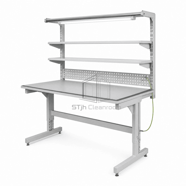 esd-workbench-right-side-frame.jpg` — `Right-side view of ESD workbench showing steel frame depth and adjustable feet