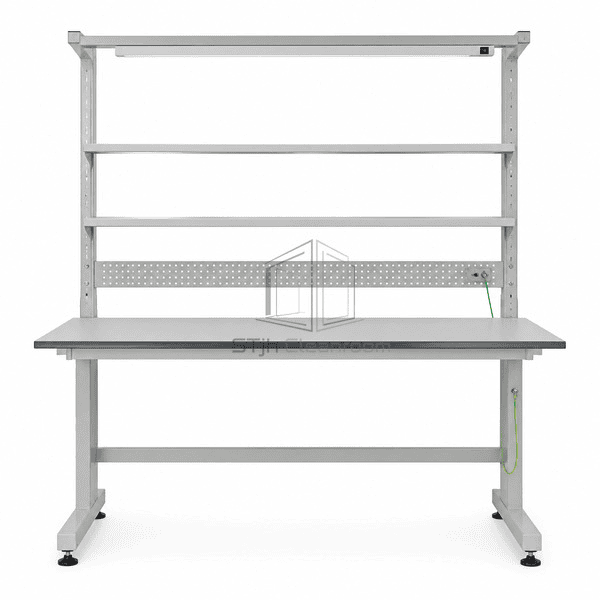 esd-workbench-front-view.jpg` — `Front view of complete ESD workbench with overhead task light and common ground point