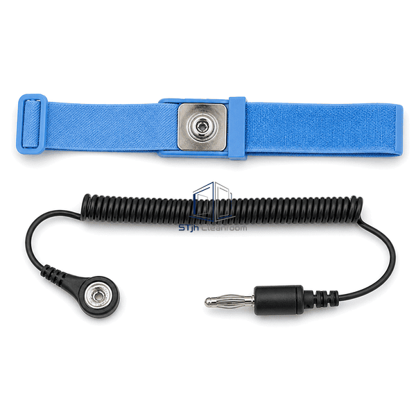 Overhead layout of open ESD wrist band and complete coiled cord