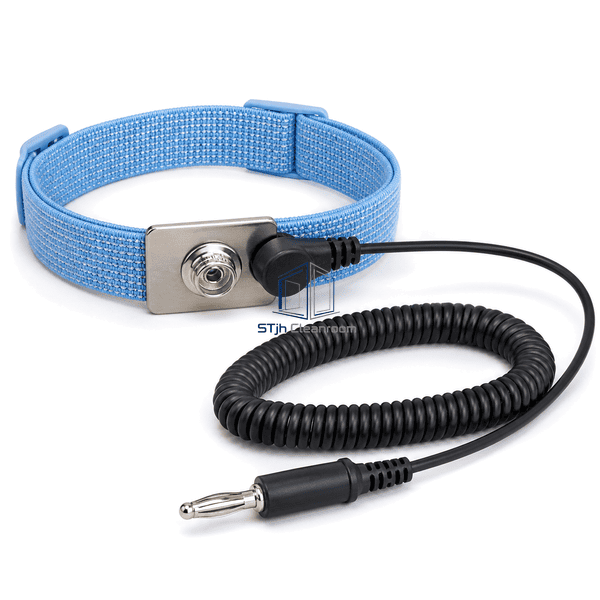 Close view of ESD wrist strap stainless contact snap and coiled cord interface