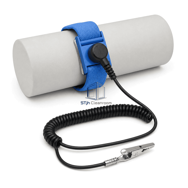 Side view of blue ESD wrist strap fitted on wrist form with ground lead