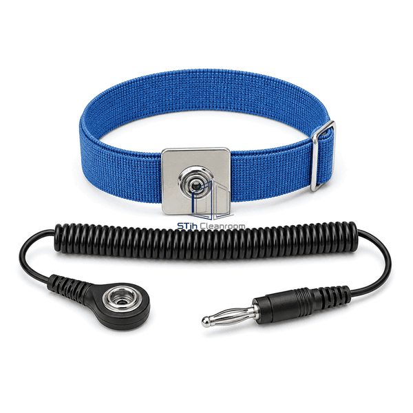 Front view of ESD wrist band contact plate snap and banana plug cord
