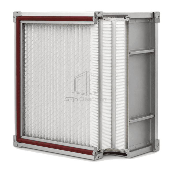 Side cutaway showing deep media pack and reinforced metal box