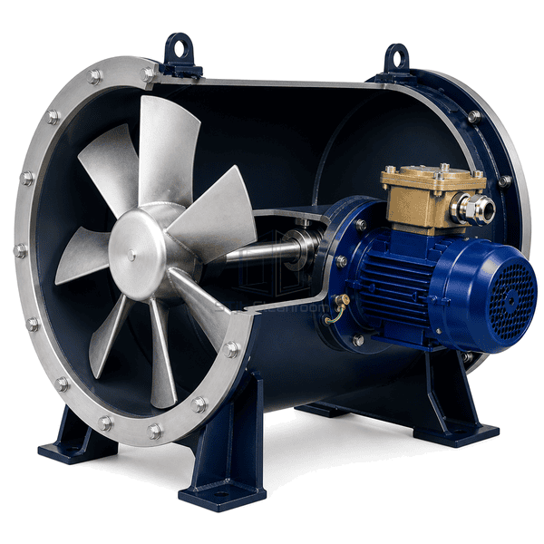 Side profile showing the external hazardous-area motor and reinforced axial fan casing