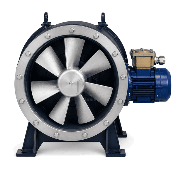 Front view of the matched impeller and controlled tip clearance inside the explosion-proof axial fan