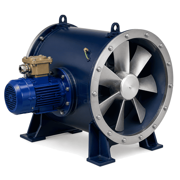 Complete horizontal explosion-proof axial exhaust fan with bolted duct flanges