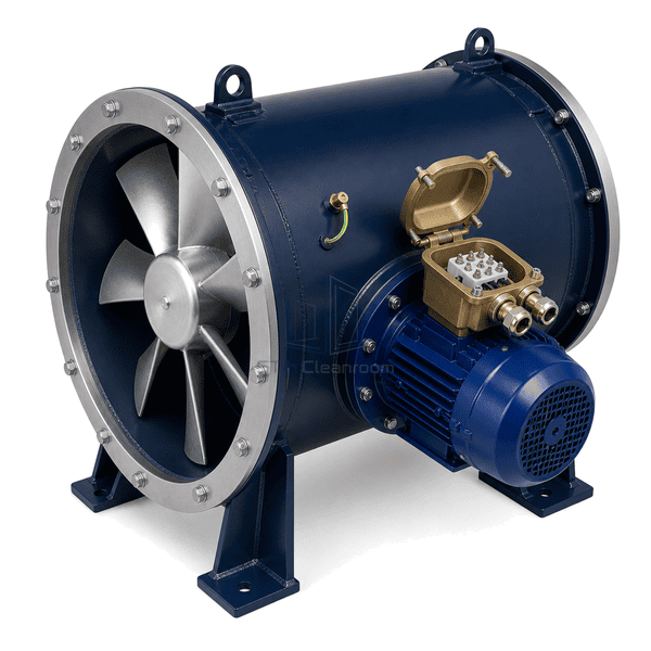 Hazardous-area terminal enclosure cable glands and grounding lug on the axial fan