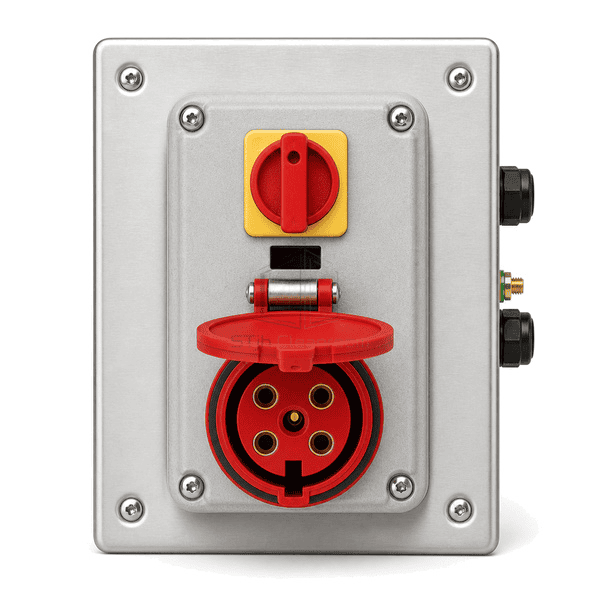 Front view of the color-coded pin-and-sleeve receptacle and isolator