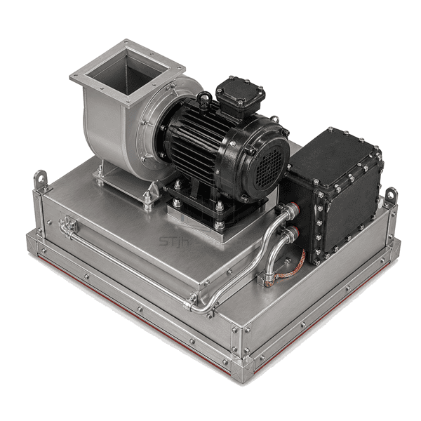 Top-down view of the explosion-proof FFU cast motor, bolted junction box, conduit and grounding strap