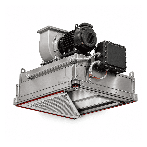 Complete explosion-proof FFU showing reinforced flange, bonded gasket, gel seal and grounding clip