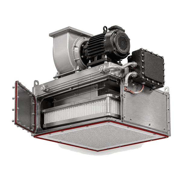 Open side view of the explosion-proof FFU showing non-sparking blower, filter and reinforced plenum