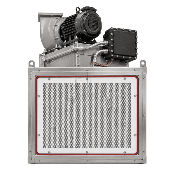 Upright front view of the hazardous-duty FFU diffuser, red gasket and enclosed motor hardware
