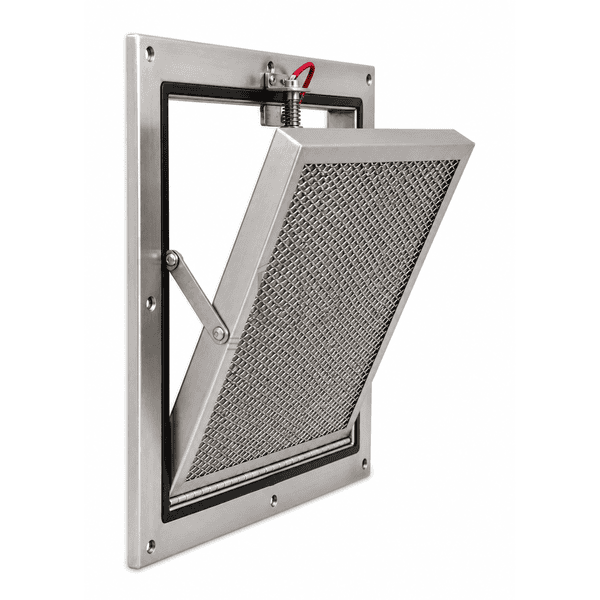 Side open view showing hinge release arm and restrained travel