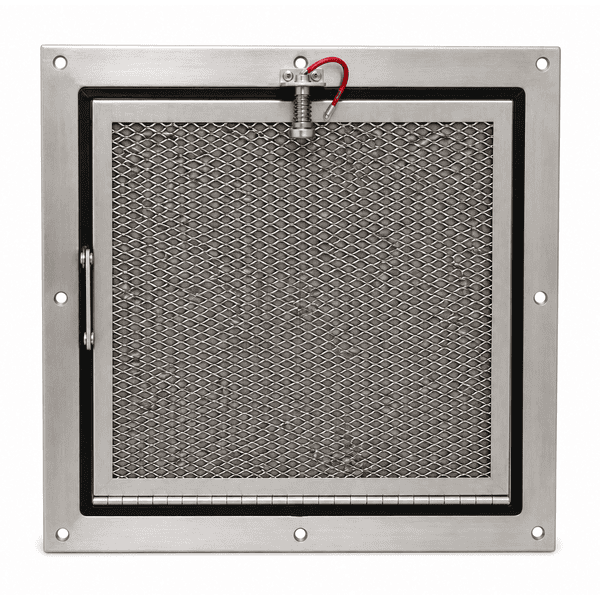 Front view of the closed rectangular explosion relief panel and frame