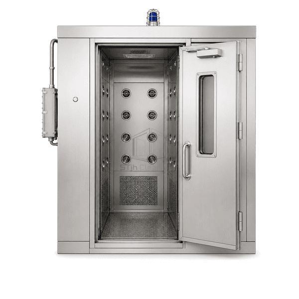 Front view of the explosion-resistant air shower and protected control enclosure