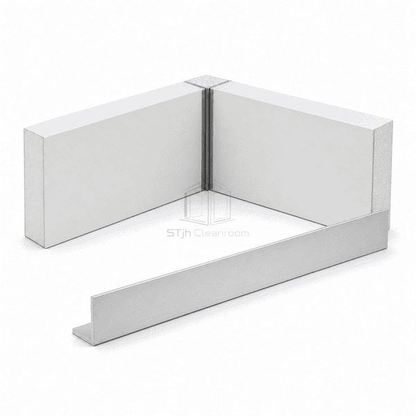 Close-up of sealed edges beneath a square external cleanroom corner profile