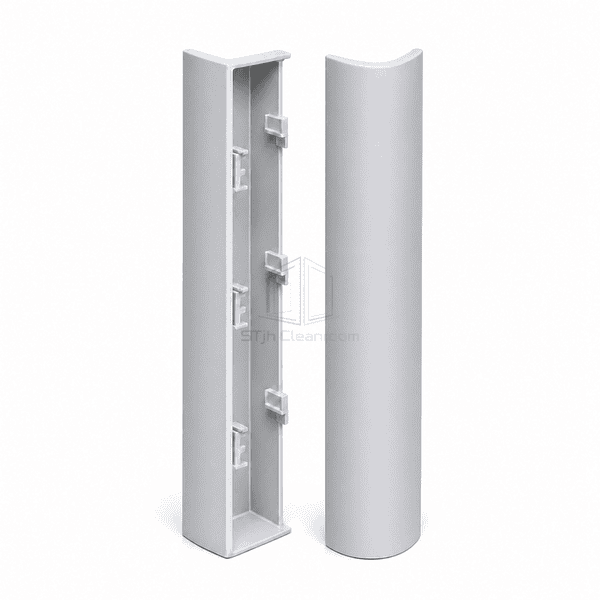 Side view of the convex radius and hidden backing of an external corner profile