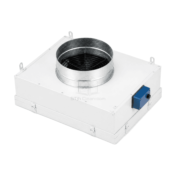 Top view of the fan-powered HEPA module round inlet fan guard and electrical box