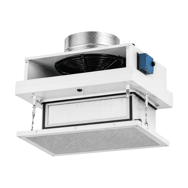 Complete HEPA fan module highlighting room-side clamps gel seal and test ports