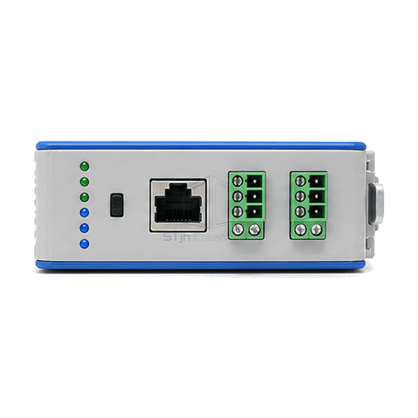 Horizontal view of FFU gateway DIN rail latch terminal plugs and Ethernet connector