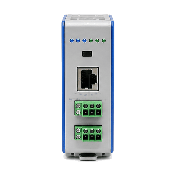 Front view of DIN rail FFU communication gateway network ports and status indicators