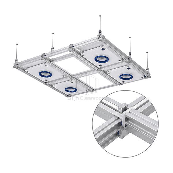 Complete FFU ceiling grid with magnified gasketed T bar splice and suspension joint