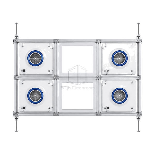 Complete underside view of FFU ceiling grid filter faces lights and sealed blank panels