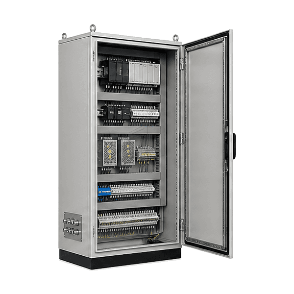 Open cabinet view showing PLC power supplies network repeaters and protected terminals