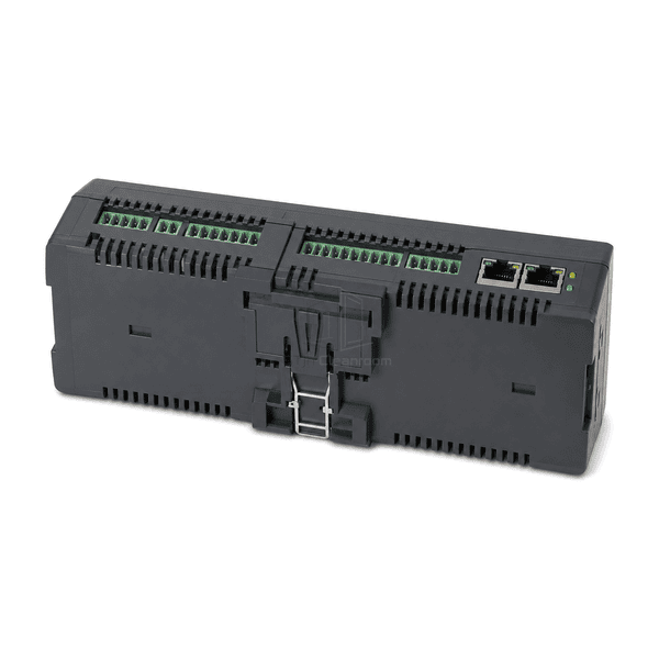 Rear horizontal view of the complete FFU communication controller and rail mounting hardware