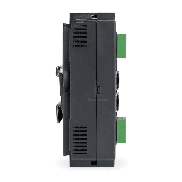 Side profile showing the FFU communication controller depth, ventilation and DIN-rail clip