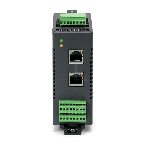 Straight front view of the FFU communication controller ports, LEDs and terminal blocks
